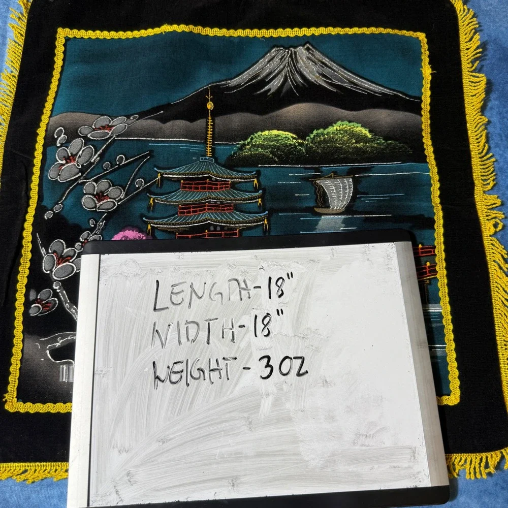 Vintage Japanese Velvet Tapestry Mt Fuji Pagoda Fringe Wall Hanging 18x18